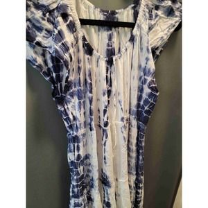 Bohme Blue Short Sleeve Tie-Dye Pattern Gathered Neckline Dress Size Large b55